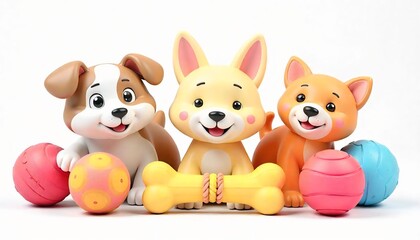 High-resolution 3D render of colorful pet toys including chew bones, squeaky balls, plush animals, and tug ropes — isolated on a transparent background, soft lighting, vibrant colors, cute and playful