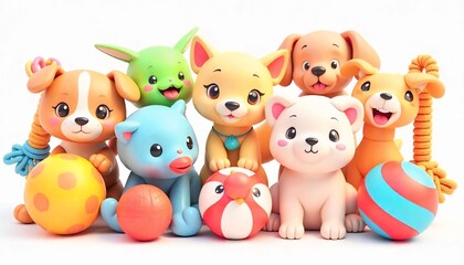 High-resolution 3D render of colorful pet toys including chew bones, squeaky balls, plush animals, and tug ropes — isolated on a transparent background, soft lighting, vibrant colors, cute and playful