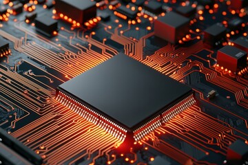 A close-up of a microchip on a circuit board with glowing orange connections representing data flow and advanced technology.