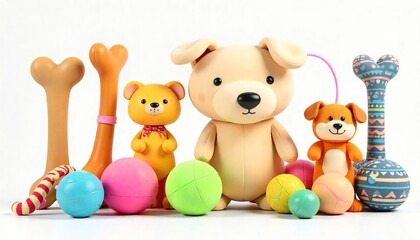 High-resolution 3D render of colorful pet toys including chew bones, squeaky balls, plush animals, and tug ropes — isolated on a transparent background, soft lighting, vibrant colors, cute and playful