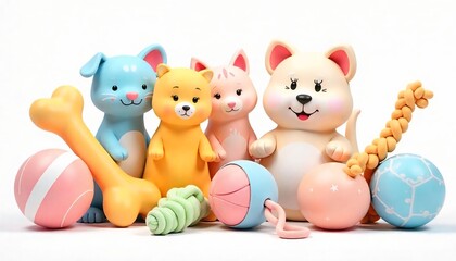 High-resolution 3D render of colorful pet toys including chew bones, squeaky balls, plush animals, and tug ropes — isolated on a transparent background, soft lighting, vibrant colors, cute and playful