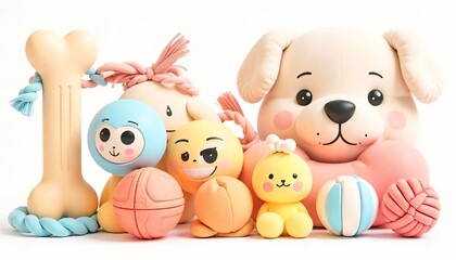 High-resolution 3D render of colorful pet toys including chew bones, squeaky balls, plush animals, and tug ropes — isolated on a transparent background, soft lighting, vibrant colors, cute and playful