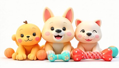 High-resolution 3D render of colorful pet toys including chew bones, squeaky balls, plush animals, and tug ropes — isolated on a transparent background, soft lighting, vibrant colors, cute and playful