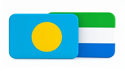 Side-by-side flags of Palau and Sierra Leone&mdash;Palau&rsquo;s soft blue field with a central yellow disc, and Sierra Leone&rsquo;s tricolor of green, white, and blue&mdash;evoking contrasting yet complementary visions 