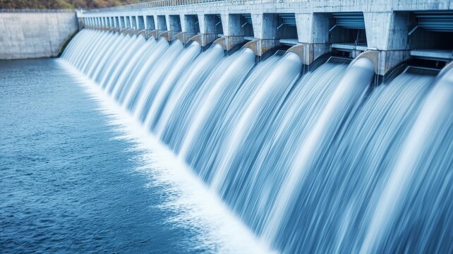 A large dam releases water through multiple spillways, demonstrating controlled water flow and hydroelectric infrastructure. - Powered by Adobe