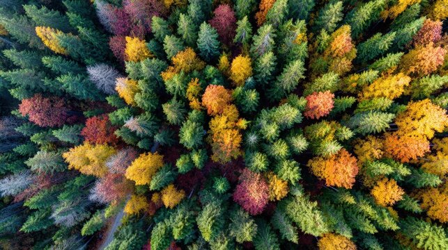 Aerial View of Autumn Forest Colorful Trees Lush Green Canopy Fall Foliage Overhead Shot