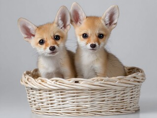 Obraz premium Two fennec fox cubs sitting in wicker basket