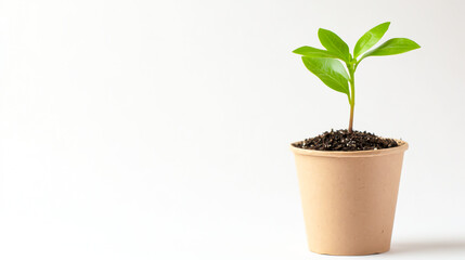 Small Green Plant Sprout in Recycled Paper Cup with Compost on white background