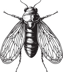 Cicadidae cicada insect animal sketch engraving vector illustration. T-shirt apparel print design. Scratch board imitation. Black and white hand drawn image. © Sean