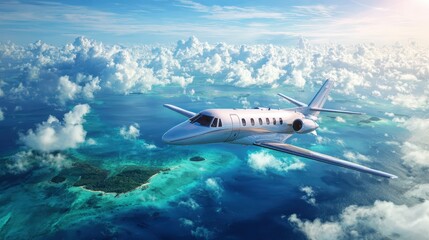 Fototapeta premium Private Jet Soaring Above Tropical Islands Luxurious Aerial View of Airplane Flight