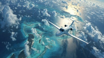 Fototapeta premium Private Jet Soaring Above Tropical Islands Luxury Travel and Aerial View of Turquoise Waters and Clouds