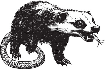 Honey badger ratel with snake in mouth animal sketch engraving vector illustration. T-shirt apparel print design. Scratch board imitation. Black and white hand drawn image.