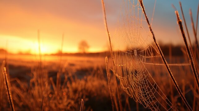 A close-up of a dewy spider web glistening in the sunrise over a serene field landscape