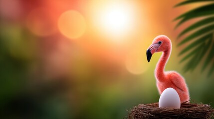 Fototapeta premium A vibrant pink flamingo chick sitting in a nest beside a single egg, with a colorful sunset backdrop