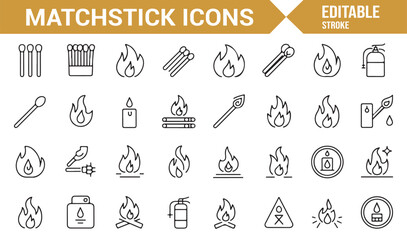 Icon Collection of Matches, Fire, and Fire Safety Elements in Line Art Style