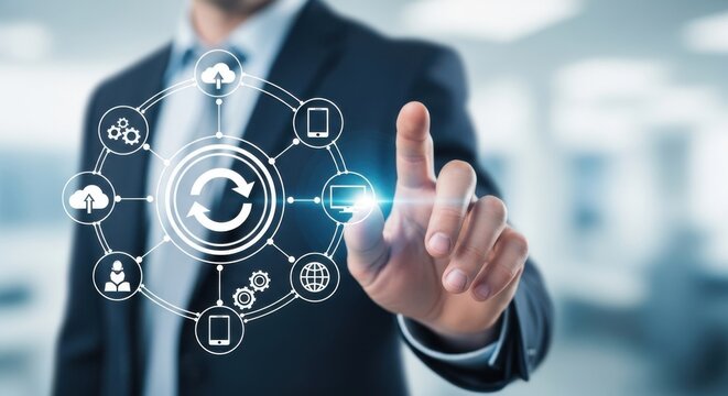 Business professional interacting with digital network interface suit - Powered by Adobe