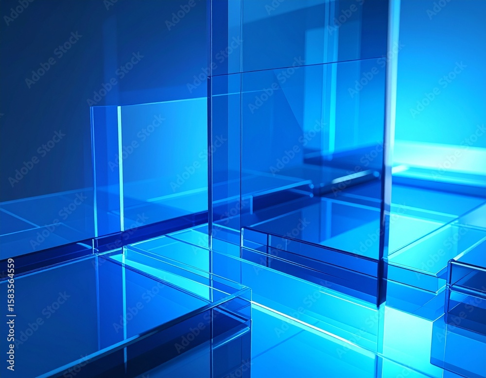 Fototapete Stacked transparent blue glass layers create a modern depth and perspective effect with subtle light reflections.