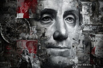 Economic collage: world currencies in digital transition. Cultural icons. The enigmatic new world order: power dynamics and global change. Chaos and peace. Economic symbols.