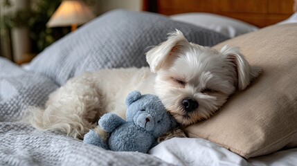 Maltese puppy is peacefully sleeping on bed, embracing its blue teddy bear surrounded by soft bedding and gentle lighting