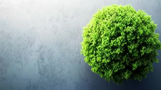 A vibrant bushy green lettuce head contrasts against a mottled grayblue surface
