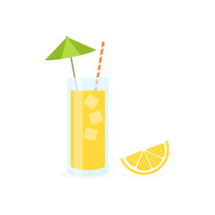 Cocktail with lemon and straw. Vector illustration in flat style. Lemonade. A glass of lemonade with ice and a slice of lemon. Refreshing summer drink on a white background
