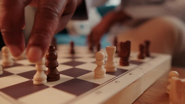 Chess Game Close Up: Player Makes a Move