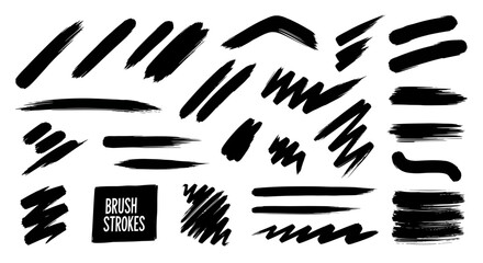 Assorted Black Ink Brush Strokes and Splatters on Transparent Background.