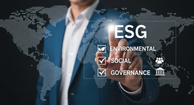 Business professional touching E S G criteria on world map suit