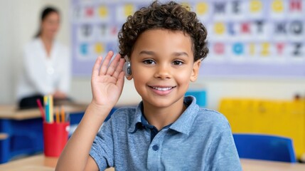 Smiling pupil wearing hearing aid showing listening skills in classroom