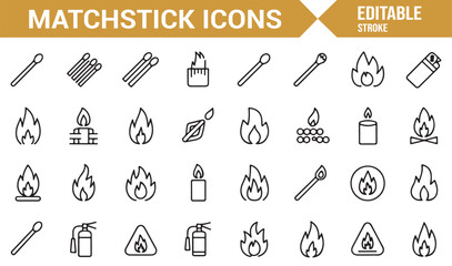 Set of Minimalist Matchstick and Fire Icons for Lighting, Safety, and Fire-related Design