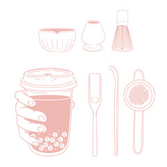 Matcha tea illustration set. Original hand-drawn green tea illustrations featuring matcha brewing utensils, a bamboo whisk, and a Japanese matcha tea brush for posters, cards, and cafes.