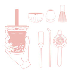 Matcha tea illustration set. Original hand-drawn green tea illustrations featuring matcha brewing utensils, a bamboo whisk, and a Japanese matcha tea brush for posters, cards, and cafes.