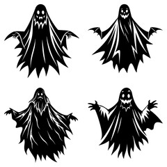 Four black and white halloween ghosts with different expressions and hand positions on white background