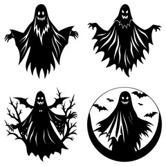 Silhouetted halloween ghosts with various designs including bats and branches in black and white style