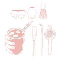 Matcha tea illustration set. Original hand-drawn green tea illustrations featuring matcha brewing utensils, a bamboo whisk, and a Japanese matcha tea brush for posters, cards, and cafes.