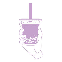 Boba tea to go, bubble milk tea, hand-drawn in a lineart style. Illustrations of boba cups for posters, cards, cafe menus, and graphic design.