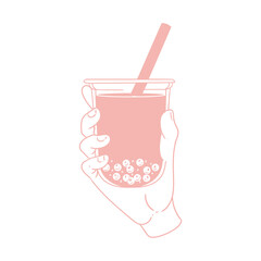 Boba tea to go, bubble milk tea, hand-drawn in a lineart style. Illustrations of boba cups for posters, cards, cafe menus, and graphic design.