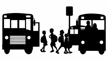 Silhouette of children crossing the street between two school buses at a bus stop on a white background | editable eps vectors