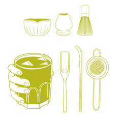 Matcha tea illustration set. Original hand-drawn green tea illustrations featuring matcha brewing utensils, a bamboo whisk, and a Japanese matcha tea brush for posters, cards, and cafes.