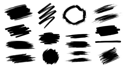Collection of fourteen diverse black ink brush strokes and shapes for artistic design.