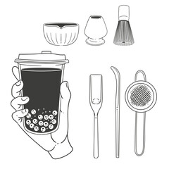 Matcha tea illustration set. Original hand-drawn green tea illustrations featuring matcha brewing utensils, a bamboo whisk, and a Japanese matcha tea brush for posters, cards, and cafes.
