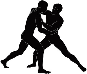 Silhouette of Two Wrestlers in Intense Match – Vector Illustration of Professional Wrestling on Mat