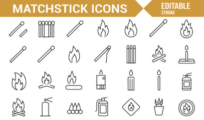 Match and Flame Icons Set Featuring Matches, Fire Extinguishers, and Fire Hazards