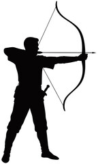 Silhouette of a medieval archer aiming a drawn bow with arrow. The figure stands in strong stance, wearing traditional gear with quiver on back.