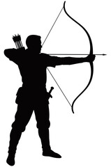 Silhouette of a medieval archer aiming a drawn bow with arrow. The figure stands in strong stance, wearing traditional gear with quiver on back.