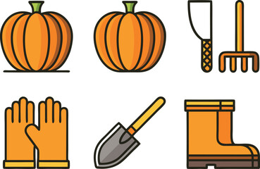 Autumn Harvest Icons Pumpkins Gardening Tools Gloves Boots