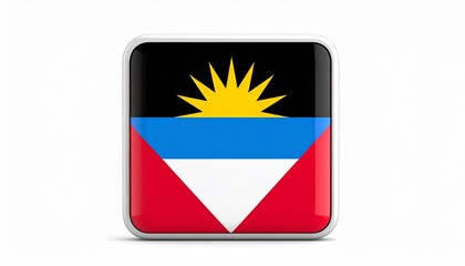 The flag of Antigua and Barbuda—black for African heritage, blue for the Caribbean Sea, white for sand, flanked by red for energy—topped by a radiant yellow sun rising from the horizon