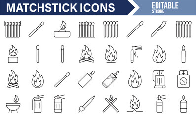 Simple and Elegant Icons of Matchsticks, Flames, and Fire-related Elements