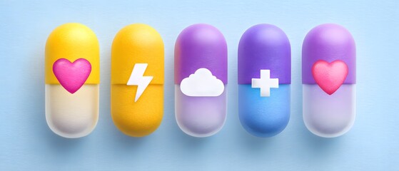 Colorful capsules with symbols representing emotions and elements on a blue background.