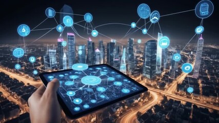 Smart city concept: using tablet for data management and city infrastructure control - Powered by Adobe